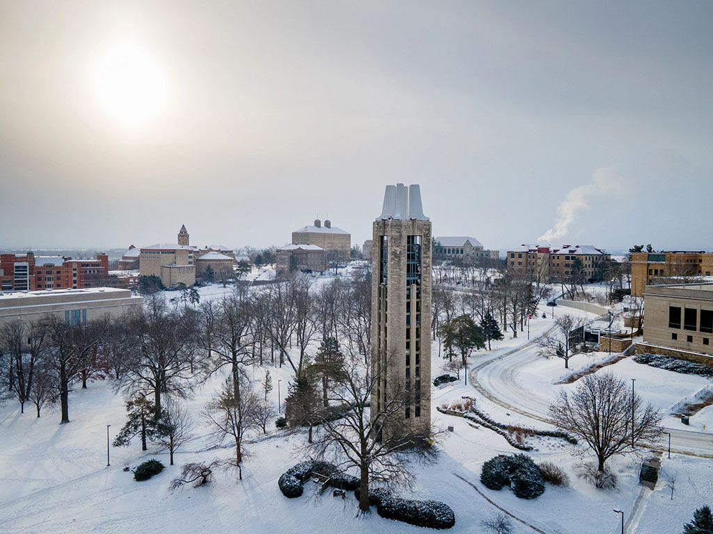Winter color Campus Beauty Aerial snow Landmark Campanile Lawrence Campus